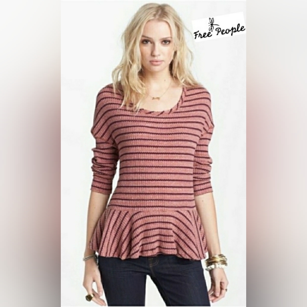 Free People Auntie Em Striped Thermal Peplum Top